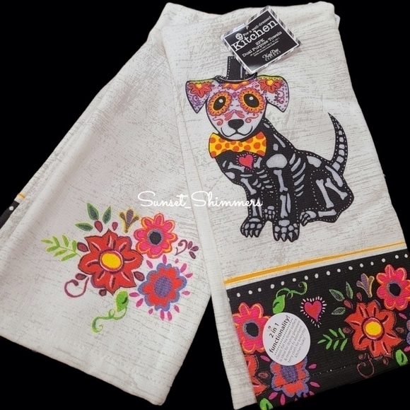 2pc Halloween Dachshund SUGAR SKULL Doxie DOG Day of Dead Kitchen Towel SET New - Picture 1 of 5